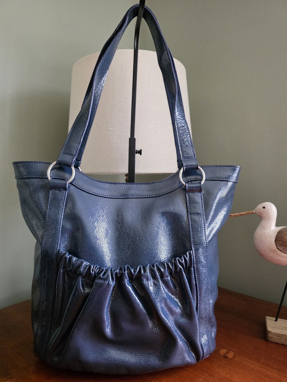 Baekgaard Navy Blue Patent Leather Ruched Pocket Shoulder Tote Bag
